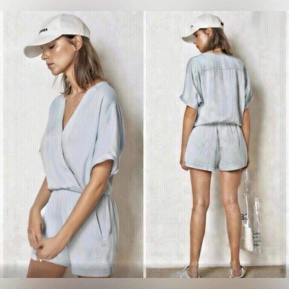 NWT CAARA Chambray Surplice Faux Wrap Romper Pockets